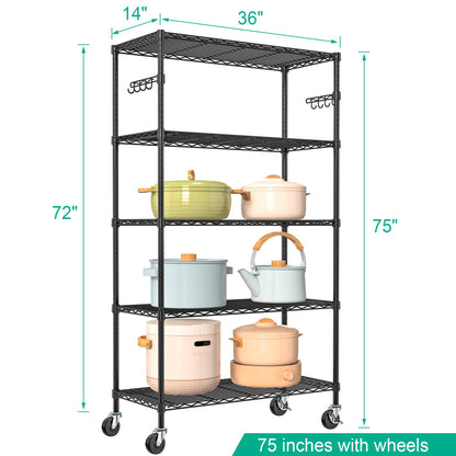 Folews 5 Tier Storage Shelves with Wheels - Adjustable Wire Shelving Unit Metal Shelves for Storage Rolling Utility Shelf Organizer Rack for Kitchen Garage Pantry Closet Laundry(14D x 36W x 75H)