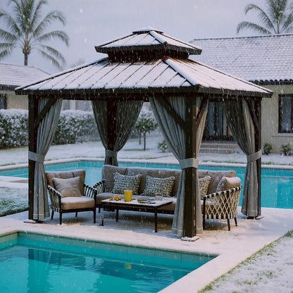 10x10 ft Double Roof Hardtop Gazebo, Heavy Duty Galvanized Steel Pavilion with Netting and Curtains, Metal Roof Patio Gazebo for Terrace, Lawn, and Deck, Gray