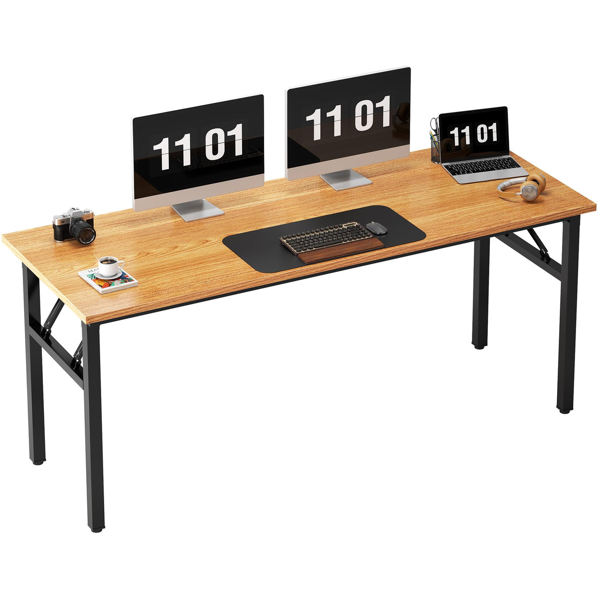 Need Folding Computer Desk, Large 60 inches Folding Table for Home Office, No Install Needed Foldable Writing Table Long Desk, Space-Saving, Teak and Black