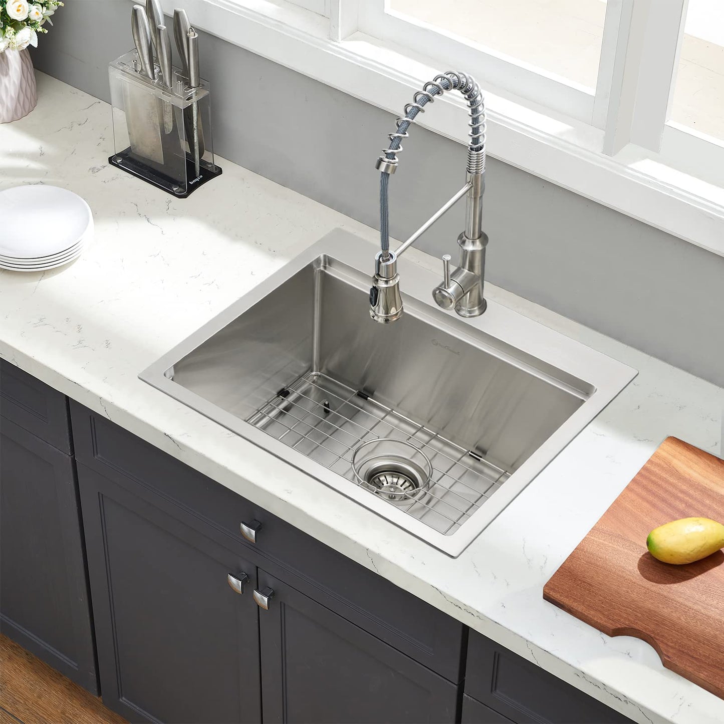 EcoChannels Kitchen Sink, 21 x 20 x 10 Drop in Kitchen Sink 16 Gauge Stainless Steel Kitchen Sinks Single Bowl Workstation Sink with Cutting Board