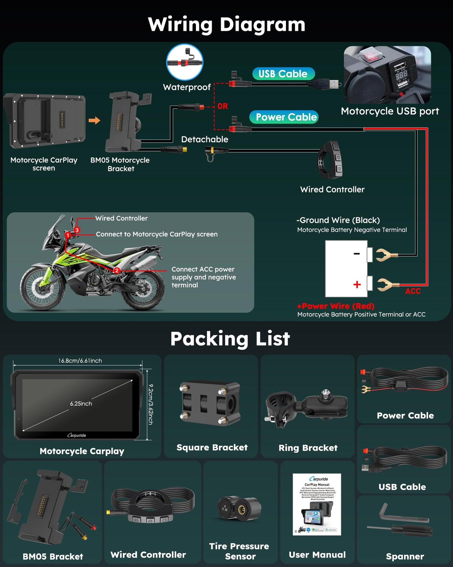 Carpuride Motorcycle Carplay with Type-C Port & TPMS, 6.25" Wireless Car Play & Android Auto GPS Navigation Moto Screen with Wired Controller, IP67 Waterproof, OTA, Dual Bluetooth, Intercom,Play Music