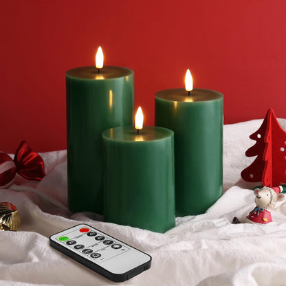 Eywamage Green Flameless Pillar Candles with Remote, Flickering Battery Operated LED Wax Candles Set of 3