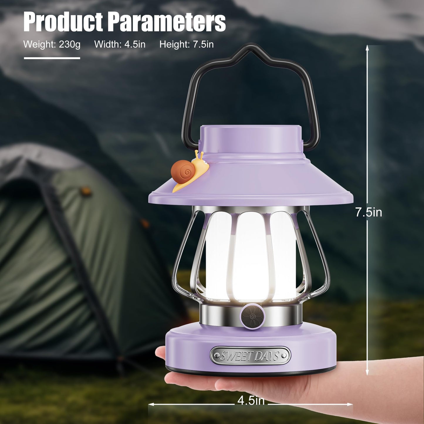 V.C.Formark Retro Snail Kids Lantern - USB Rechargeable LED Night Light, 3-Color Dimmable, Plastic, Purple, Model VC-CA-Purple