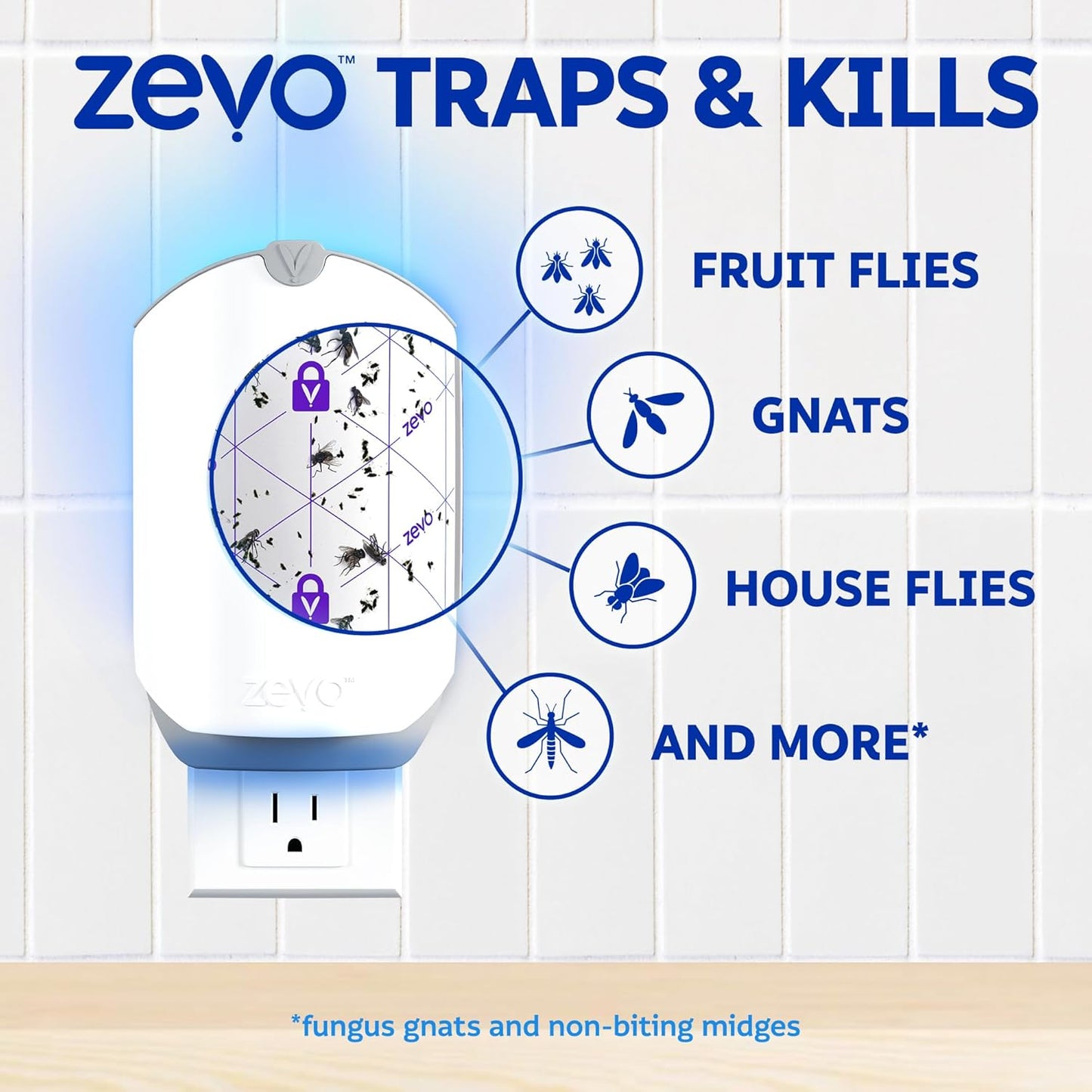 Zevo Flying Insect Trap - Indoor Bug Catcher with 3 Refill Cartridges | UV Light Technology for Flies
