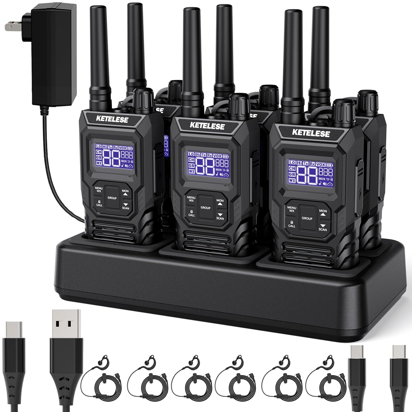 Ketelese T4 Rechargeable Walkie Talkies Long Range, IP67 Waterproof Two Way Radio, 30 Channels Walkie Talkie with Earpiece, TypeC Dock&Cables, NOAA, VOX, Group Call, PTT, 6pack, Balck