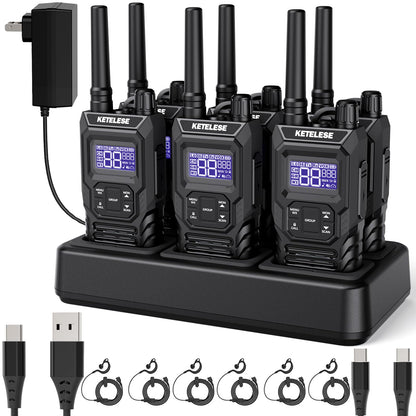 Ketelese T4 Rechargeable Walkie Talkies Long Range, IP67 Waterproof Two Way Radio, 30 Channels Walkie Talkie with Earpiece, TypeC Dock&Cables, NOAA, VOX, Group Call, PTT, 6pack, Balck