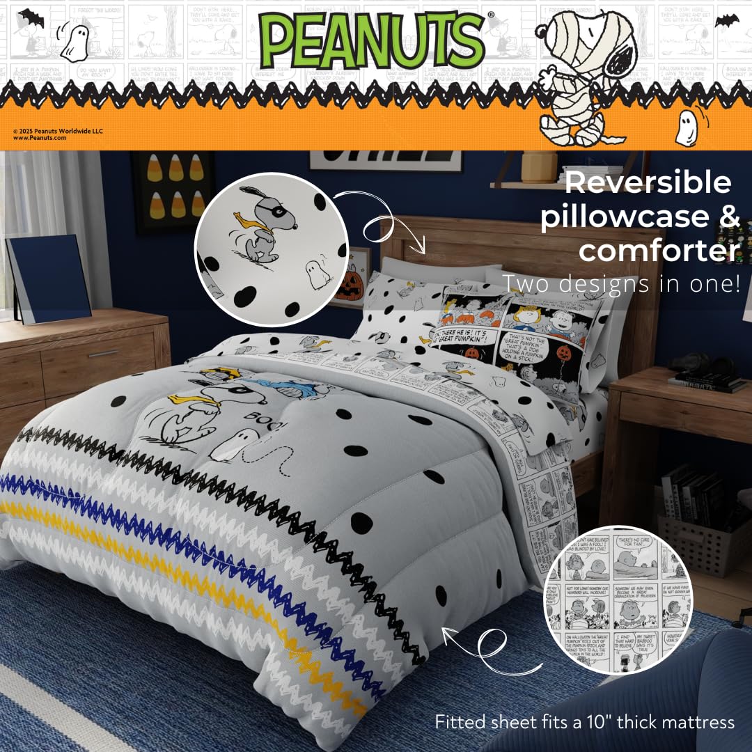 Peanuts Halloween Queen Bed Set – Super Soft & Cozy 5 Piece Reversible Comforter and Sheet Set Featuring Snoopy & Charlie Brown, (Official Peanuts® Product) by Franco