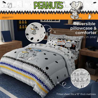 Peanuts Halloween Queen Bed Set – Super Soft & Cozy 5 Piece Reversible Comforter and Sheet Set Featuring Snoopy & Charlie Brown, (Official Peanuts® Product) by Franco
