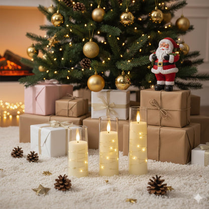 Raycare Flameless Candle with Remote Timer – 9 Flickering Acrylic Battery Operated LED Pillar Candles with Embedded Star String for Christmas, Wedding, Home Decor, and as a Gift (Ivory White)