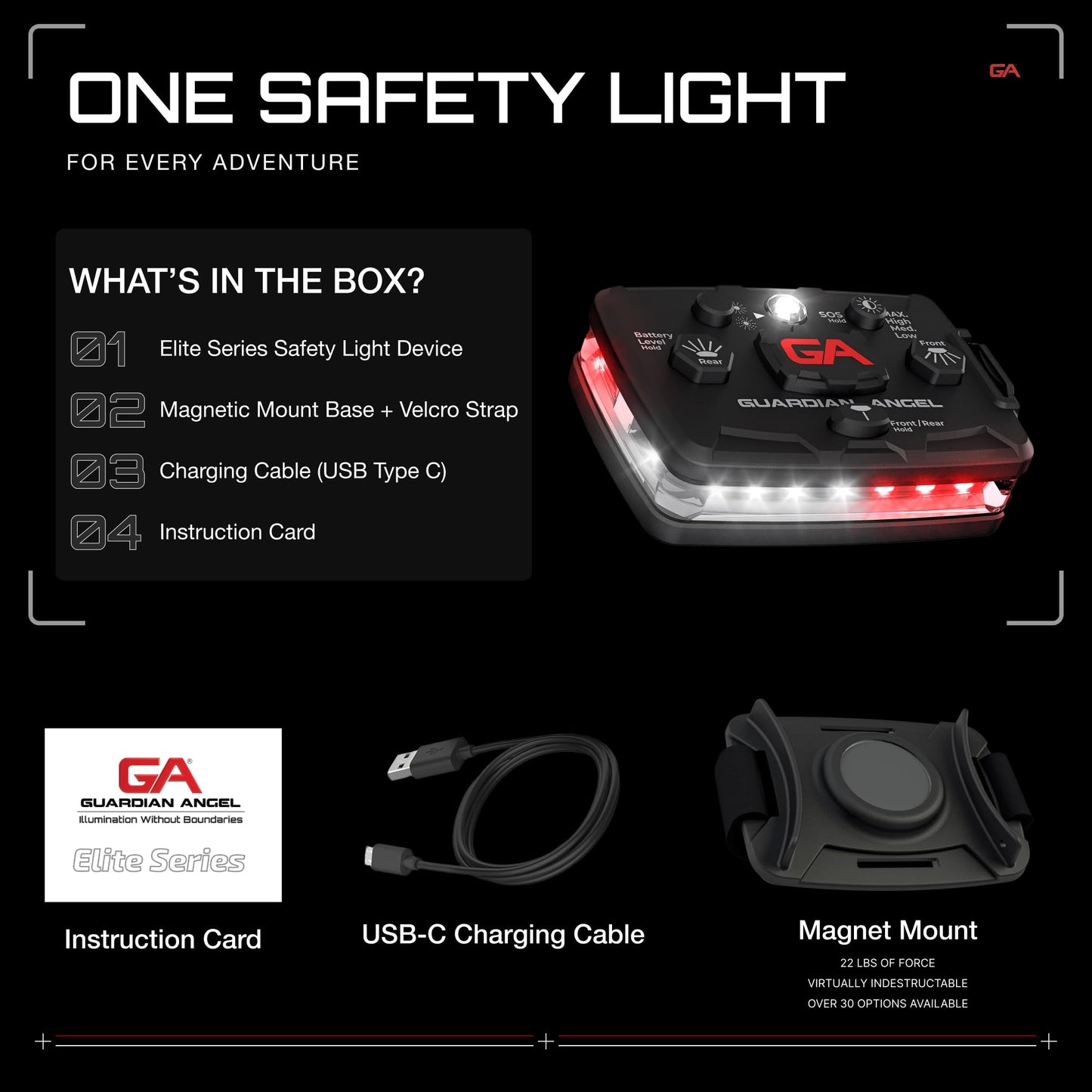Guardian Angel Elite Series Safety Light, Beacon Device (White/Red Front & White/Red Rear) Rechargeable, Magnetic, Hands-Free Wearable & Mountable LED Light for First Responders, EMS, & Firefighters