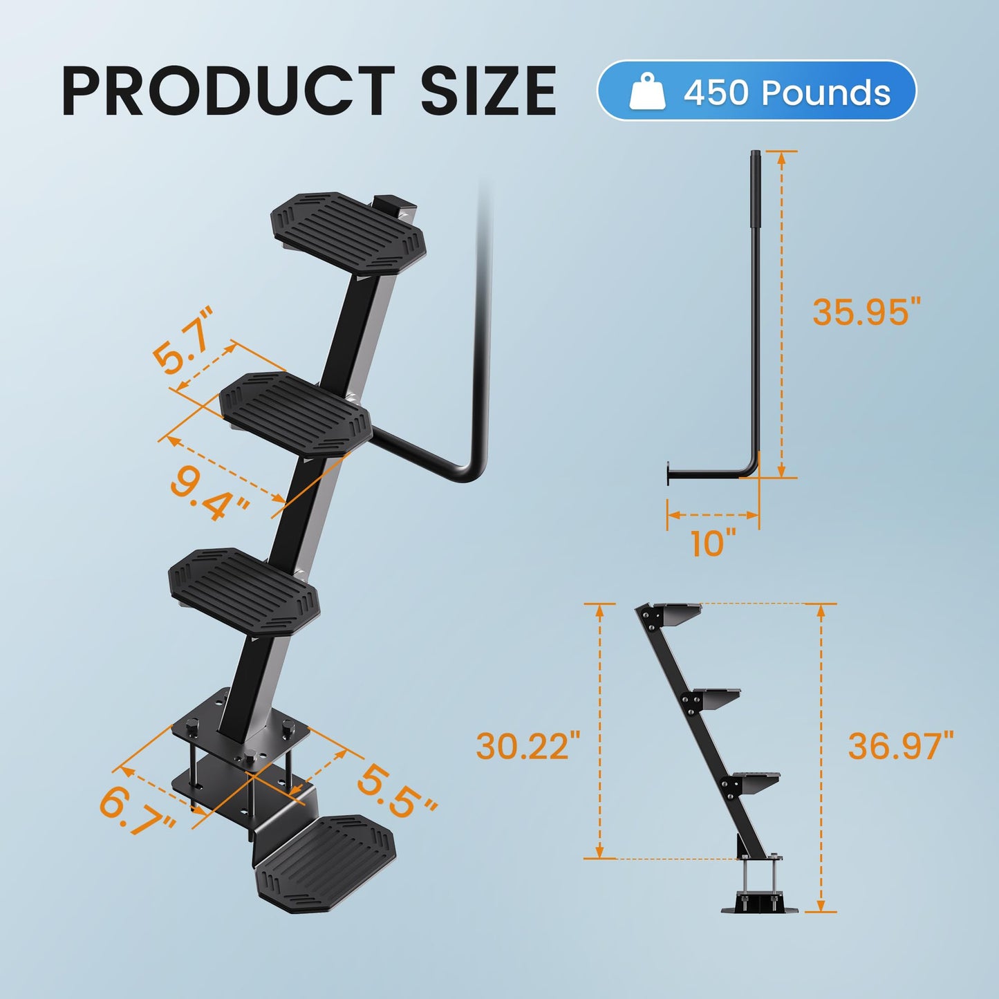 Heavy-Duty Boat Trailer Steps,Boat Trailer Tongue Steps with Anti-Slip Handrail,EVA Anti-Slip Mat,450Lbs Capacity，Multiple Installation Angles,4 Steps