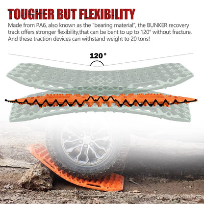 BUNKER INDUST Off-Road Traction Boards with Jack Lift Base (Gen 9) Orange + 3" x 30ft Tree Saver Winch Strap 35,000 lbs Recovery Straps
