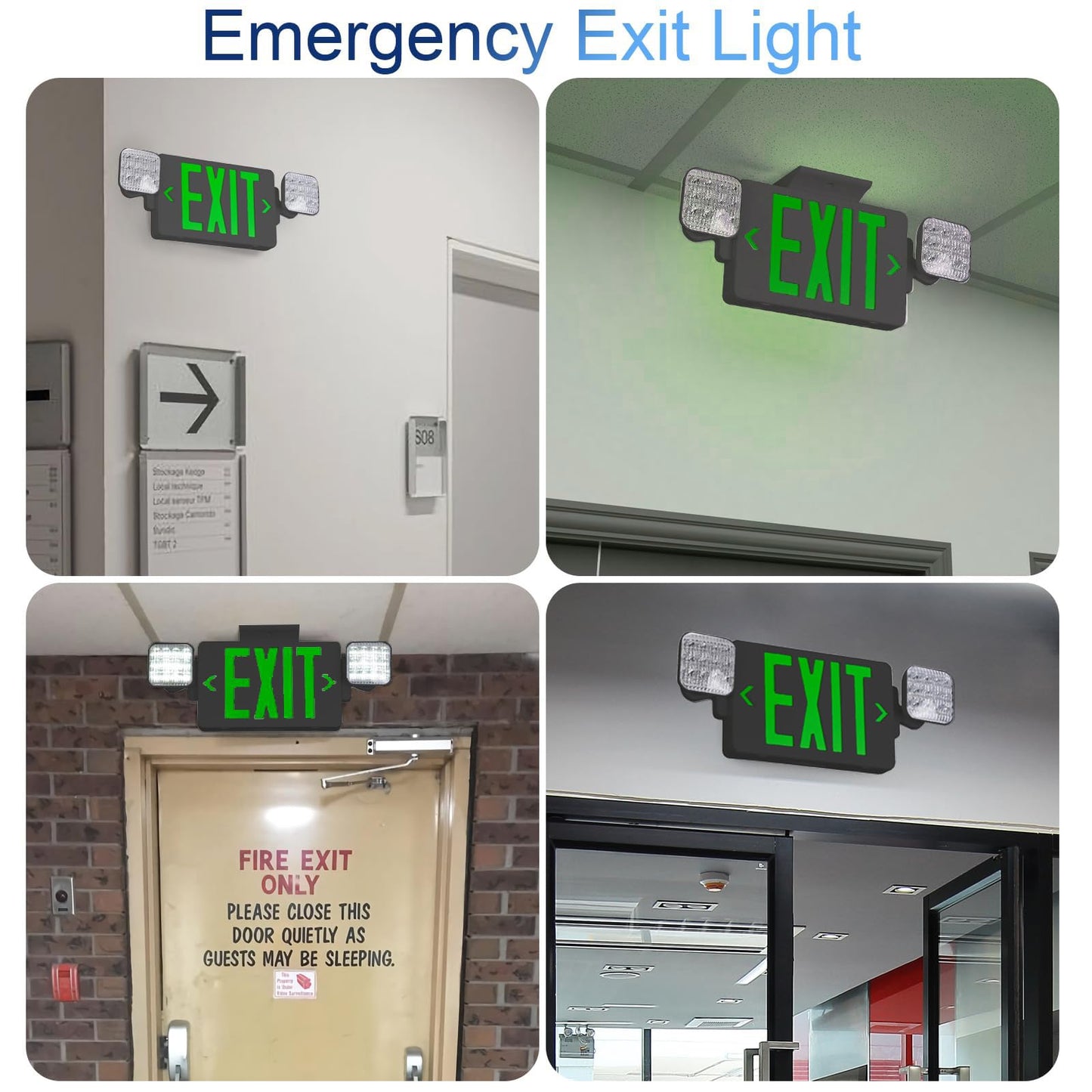 CM MZY Black Housing Exit Sign with Emergency Light, Green Exit Signs with Battery Backup, Exit Light Combo for Business, Two Adjustable Square Head,US Standards,UL Certified, 120V/277V AC, 4 Pack