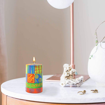 Global Crafts Shahida Design - Hand Painted Pillar Candle - Unscented African Geometric Gift Box