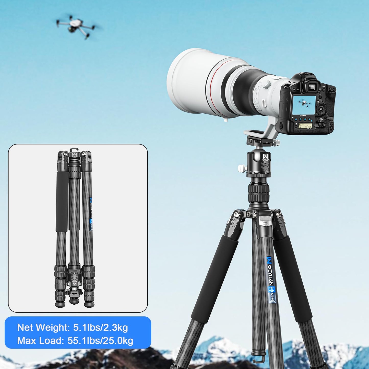 72.6'' Carbon Fiber Tripod Camera Monopod WEYLLAN Heavy Duty Tripod for Camera, 32.5mm Tube, Professional Camera Tripod with 44mm Arca Low Profile Ball Head, DSLR Stand for Telescope, Camcorder