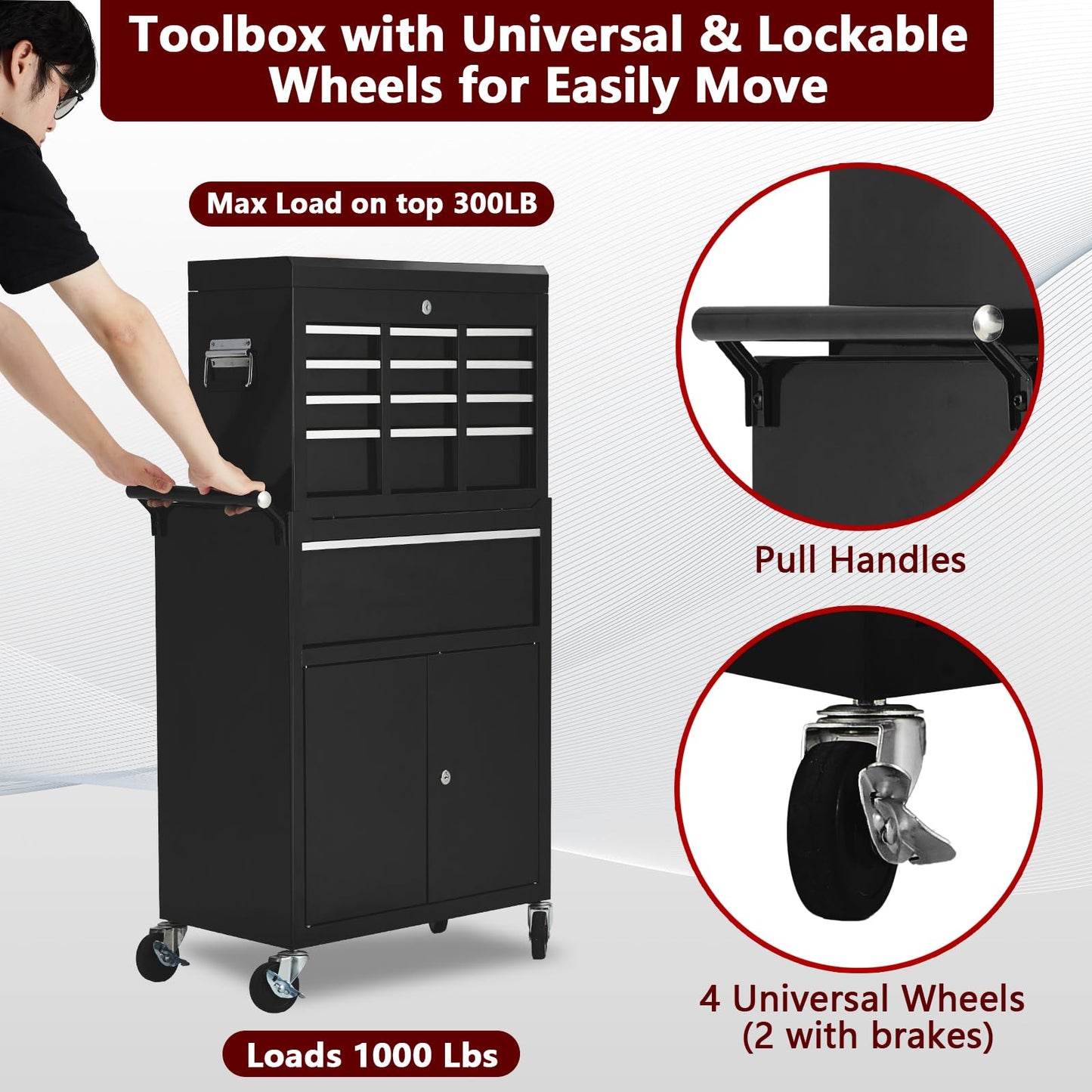 5-Drawer Rolling Tool Chest, 2-in-1 Detachable Top Tool Cabinet with Removable High Capacity Storage, Sliding Drawers, Wheels, Locking System & Liners for Workshop, Mechanics, Garage and Warehouse Use