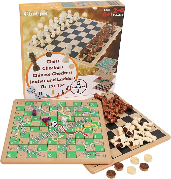 Glintoper 5-in-1 Wooden Board Game with 2 Reversible Boards for Chess Checkers Chinese Checkers Snakes and Ladders Tic Tac Toe Tabletop Combo Classic Portable Board Games for Kids to Adult