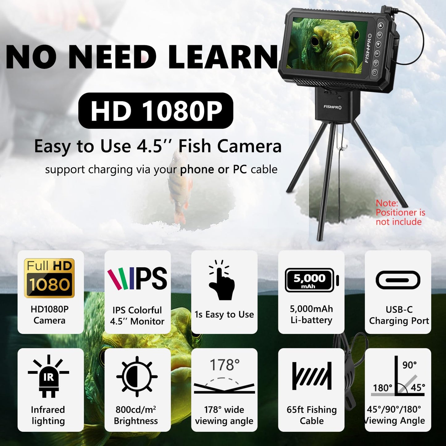 [FishPRO® 2026 Upgrade] 4.5'' True HD 1080P Underwater Fishing Camera (Plug & Play) - Ice Fishing Camera Underwater w/ 5,000mAh, USB-C, IR+LED, Fish Finder for Ice/Lake/Kayak, 65ft