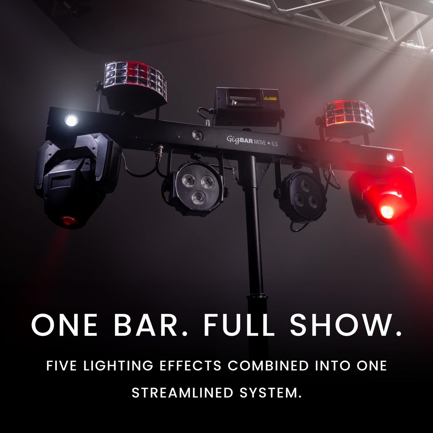 CHAUVET DJ – GigBAR Move + ILS 5-In-1 Lighting System | Moving Heads, Derbies, Washes, Laser & Strobe on One Bar | ILS Compatible | RF Remote, Tripod & Carry Bags Included