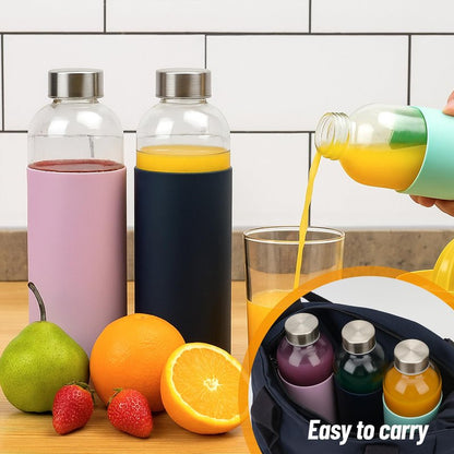 Luxfuel 32 oz Glass Juice Bottles with Lids and Silicone Sleeve, Reusable Refillable Water Bottles for Juicing, Refrigerator,100% Leak Proof, BPA Free, Clear Glass Set of 3