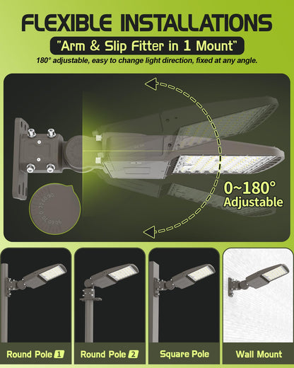 AULACE LED Parking Lot Light 240W/220W/200W Selectable, Dimmable 38400LM 160LM/W 5000K, Dusk to Dawn Photocell, IP65/ETL/100-277V, Arm Mount & Slip Fitter for Plazas, Streets, Commercial Areas & Lots