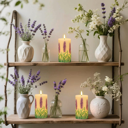 Lasumora Lavender LED Candles with 6H Timer, flameless Candles with Flickering Flame, Waxy Pillar 2 Pack Flickering Unscented Home Holiday Decoration (3 inches x 6.5 inches)