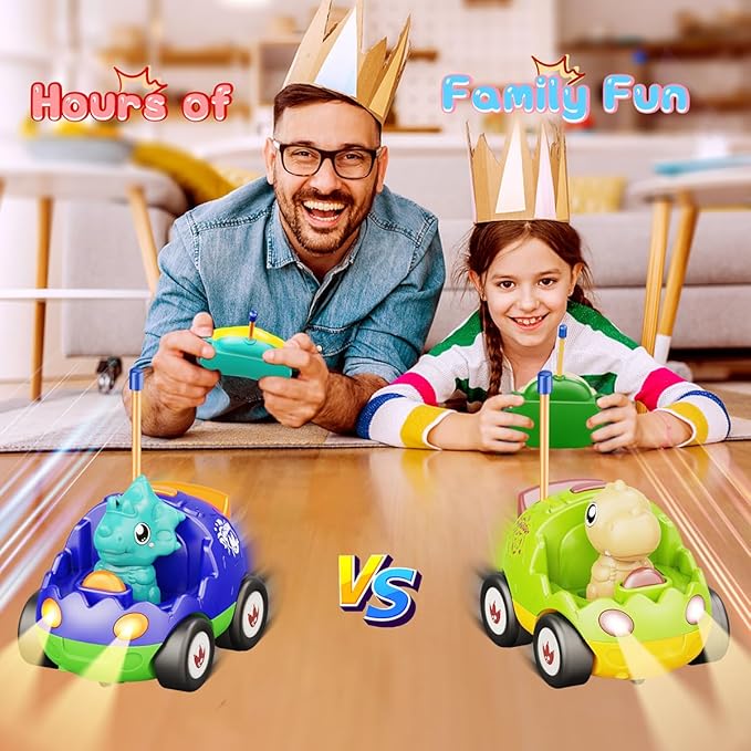 2 Pack Dinosaur Toys Remote Control Cars for Toddlers Ages 2 3 4 5 Christmas Birthday Gifts for 2-5 Year Old Boys Dinosaur RC Car Toys with Music and Lights (Green Blue)