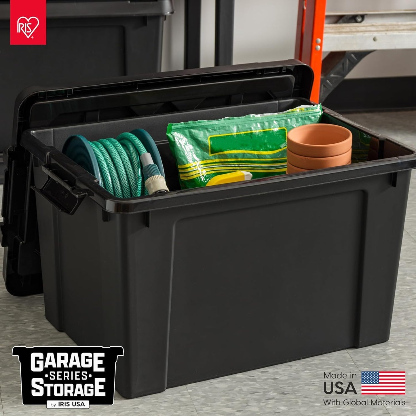 IRIS USA 20 Gallon Lockable Storage Bins with Lids, 6 Pack - Made in USA, Heavy Duty, Stackable Containers, Garage Organizing Bins Moving Tubs, Rugged Sturdy Equipment Utility Box - Black