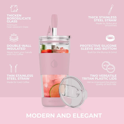 Hemli 19 oz. Double Wall Glass Coffee Tumbler, To Go Travel Mug with Lid, Portable Glass Thermos with Straw, Reusable Cup, Tea, Smoothies, Ice Coffee, and Boba