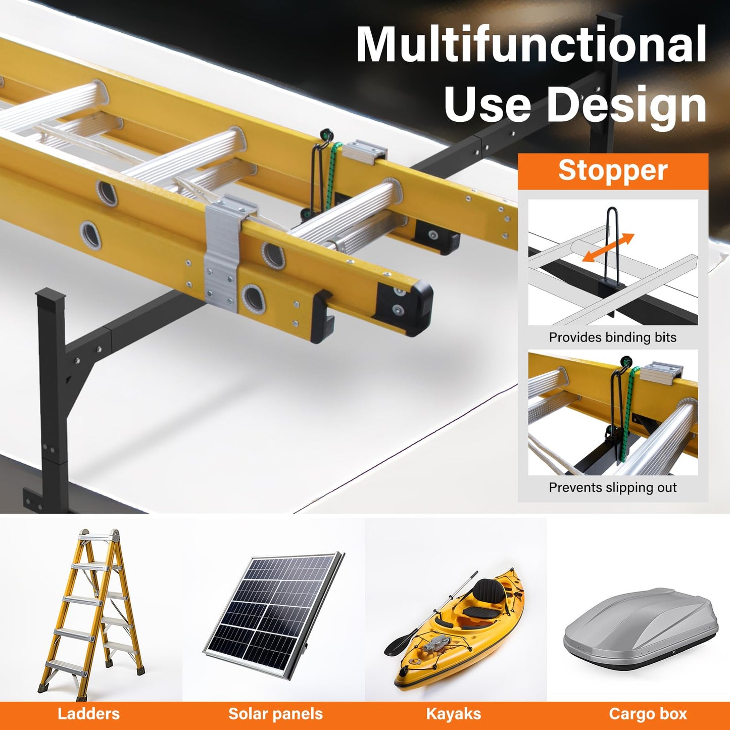 SMOQIO Trailer Ladder Rack Aluminium - 5.77'-8.65' Adjustable with Ladder Stoper, Black, Enclosed & Open Trailer Compatible
