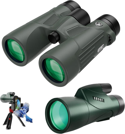 Gosky 10x42 HD Waterproof Binoculars for Adults (1 Pack) and Gosky 12x50 Monoculars (1 Pack) with Universal Phone Adapter - High Power Telescopes for Bird Watching Safari Wildlife Scenery