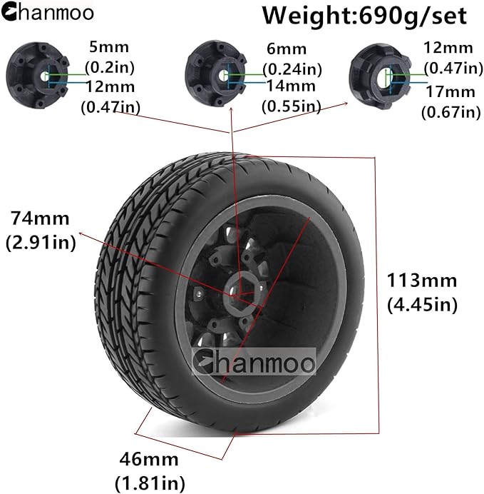 1/10 RC Short Course Truck Tires And Wheels With 12mm 14mm 17mm Hex 113mm 1/8 Rubber Tyres For 1/8 or 1/10 Scale On Road Car HSP Sonic 94102 GT PTG-2 Tamiya TT02 RC Racing Car 4PCS (Black A)