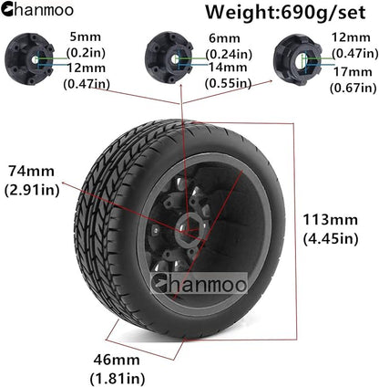 1/10 RC Short Course Truck Tires And Wheels With 12mm 14mm 17mm Hex 113mm 1/8 Rubber Tyres For 1/8 or 1/10 Scale On Road Car HSP Sonic 94102 GT PTG-2 Tamiya TT02 RC Racing Car 4PCS (Black A)