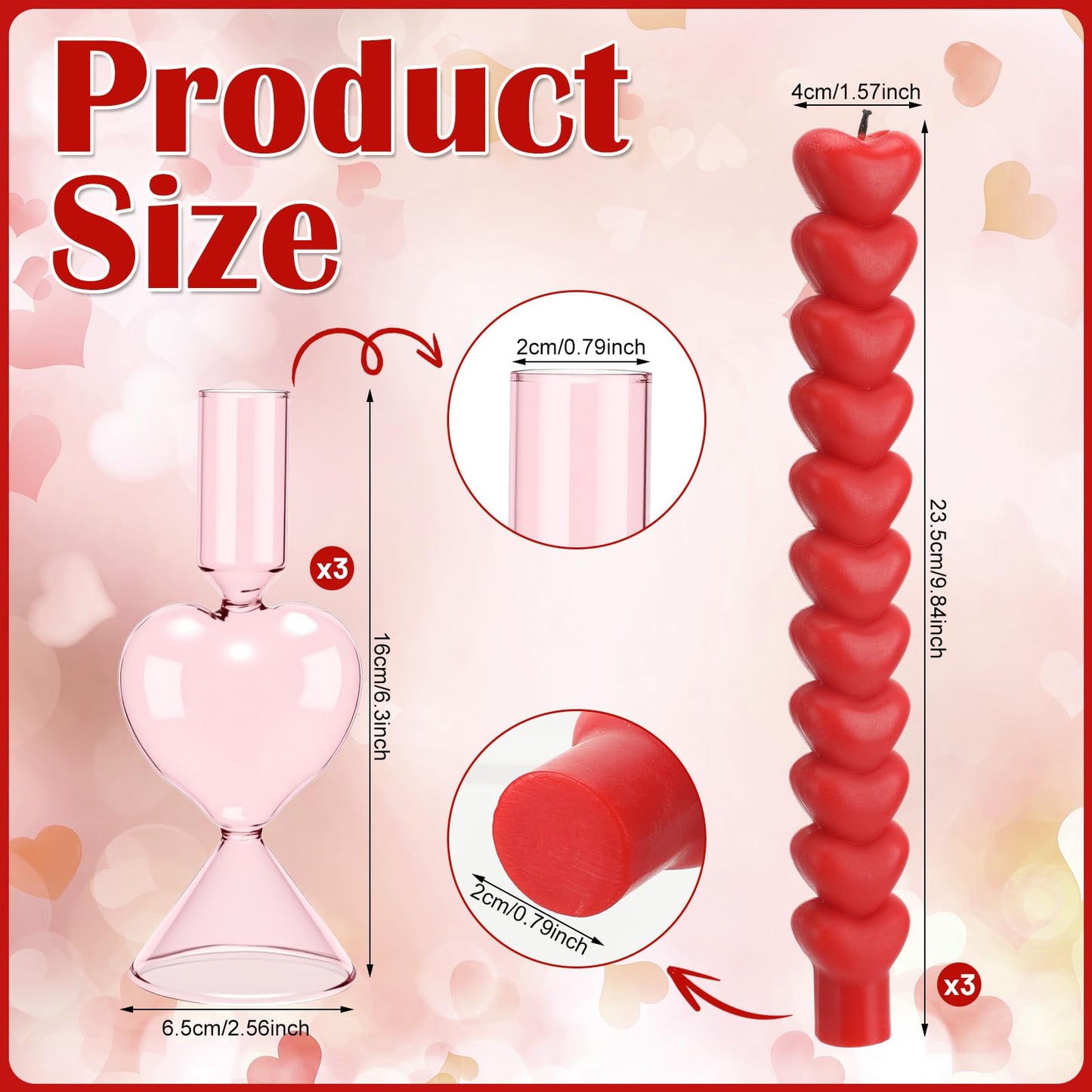 Treela 6 Pcs Valentine's Day Decor Heart Taper Candle Gift Sets 3 Red Unscented Taper Candles 3 Glass Heart Candlestick Holders Valentine Gifts for Wedding Anniversary Bachelorette Party Supplies