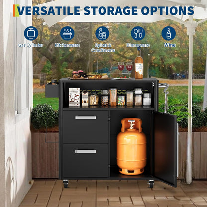 Heavy Duty Outdoor Grill Cart with Stainless Steel Prep Table, Lockable Wheels, Spacious Storage Cabinet, and Island Table Design for Patio or Kitchen Use