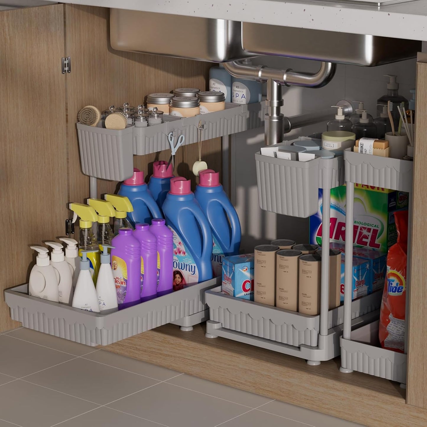 Sevenblue Multi-Purpose Under Sink Organizer - L-Shaped Pull-Out Cabinet Storage for Bathroom & Kitchen (Grey, 12.85 Inch)