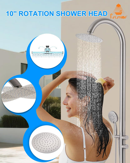 RALANDA Free Standing Outdoor Shower, 5-Function Shower Kit Nickel with 10''Rain Shower Head, Stainless Steel Outdoor Shower Fixture for Backyard Beach Poolside,Floor Mounted