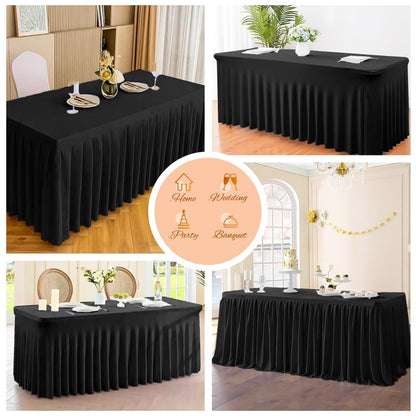 Pesonlook 6 Pack Spandex Table Skirt for 8 Ft Rectangle Tables, Black Fitted Stretch Tablecloth 30 x 96 Inch, Wrinkle Resistant Ruffle Design for Wedding Banquets, Birthday Party, Parties
