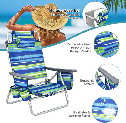 GYMAX Beach Chairs, Backpack Camping Chair with Armrest, Cooler Bag, Cup Holder, Towel Bar & Side Pockets, Sunbath Sling Tanning Lounge, Folding Layout Chair (with Table, Blue Stripe)