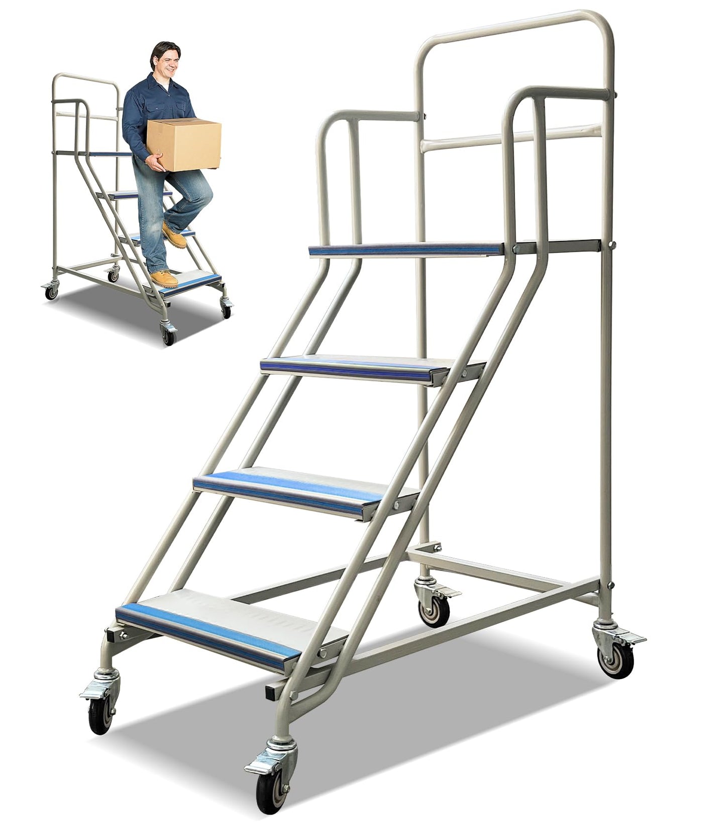 4 Step Rolling Stairs with Wheels, Industrial & Warehouse 4-Step Stairs, Non-Slip Rolling Steps with Stair Edge Protector, Easy to Move Rolling Steps for Goods Shelves, 23.6"x59.1", 445LBs Capacity