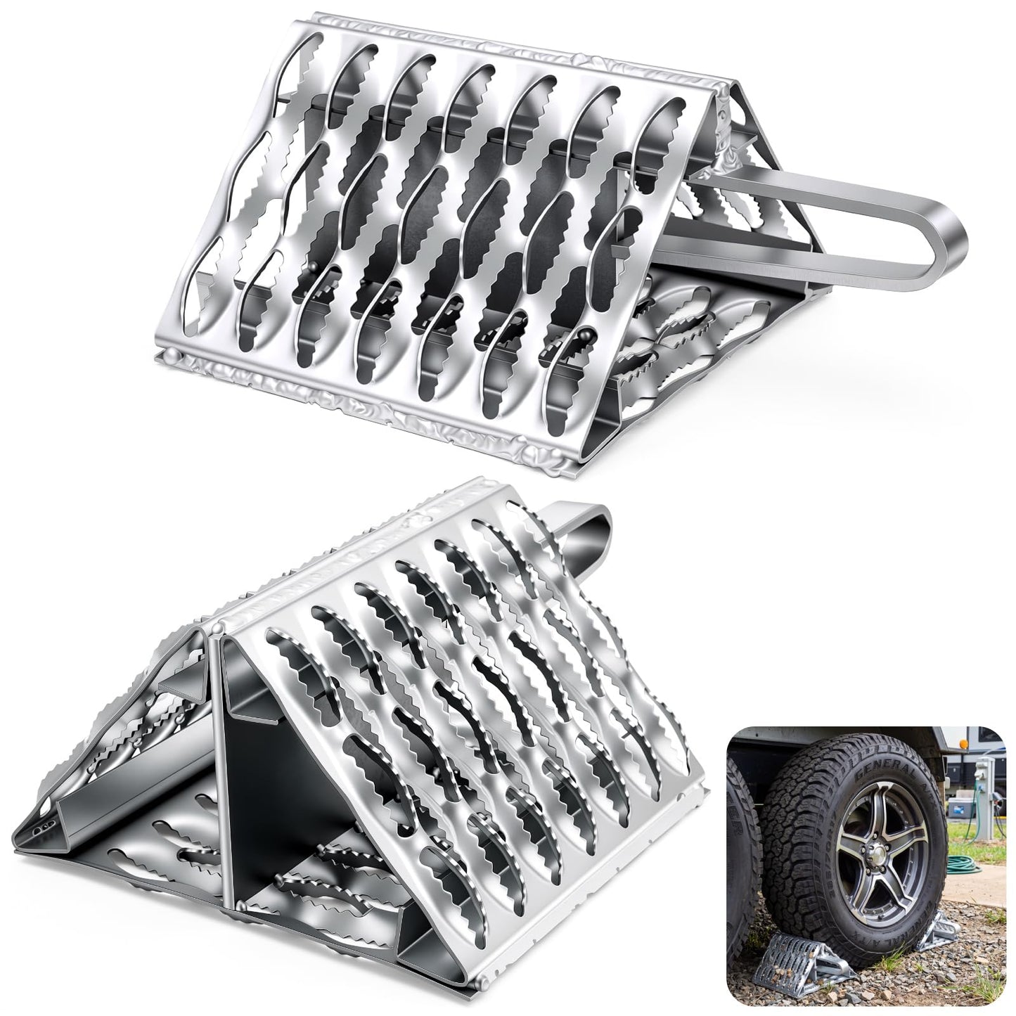 Outus 2 Pack Heavy Duty Galvanized Steel Serrated Wheel Chocks with Built-in Handle, Industrial Anti-Slip Grip for Trailer, Off-Road, Camper, Truck, Rv, Stable Tire Chocks, 9.5" x 9" x 5.7"(Silver)