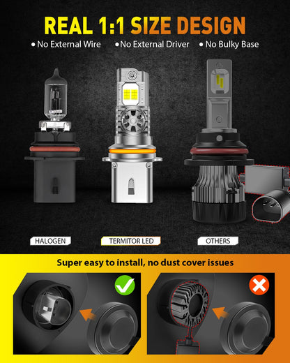 Termitor 9007/HB5 Light Bulbs, 60,000LM Brightness, 70,000+ Hours Life, Plug and Play, Aluminum, Pack of 2