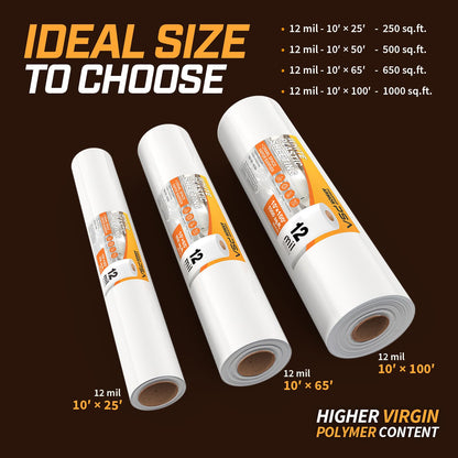 Crawl Space Vapor Barrier, 12 mil 10'x100', White Heavy Duty Plastic Sheeting - Thick Polyethylene Film, 12mil Crawlspace Liner, Drop Cloth Vapor Barrier Covering for Crawlspace and Basement