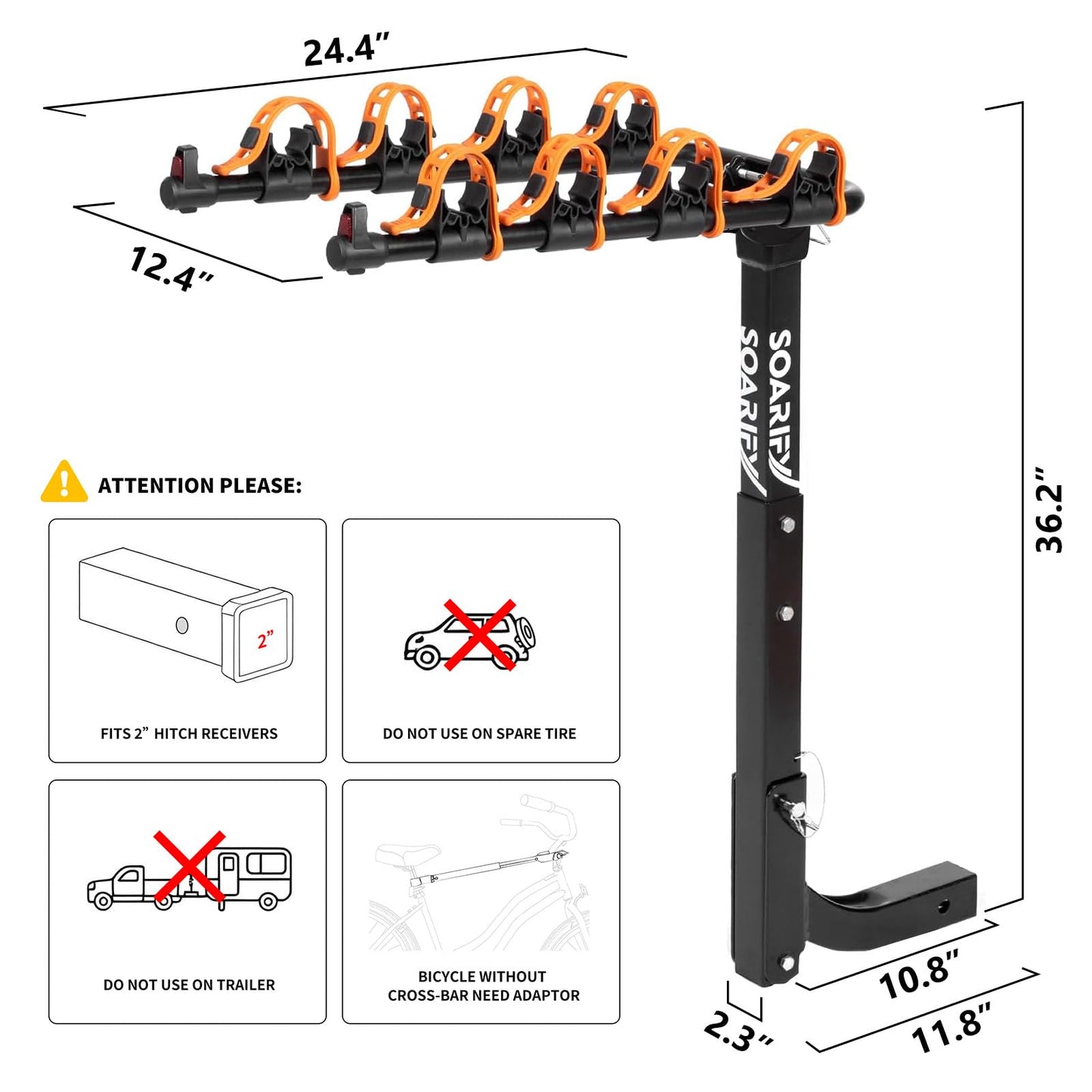Soarify Bike Rack for Car, SUV, RV, Mount Hitch Bike Rack, Up to 143 lbs Load Bicycle Rack Carrier Rubber Straps, Tilt Release with 2" Hitch for Cars (4 Bikes+BAR)