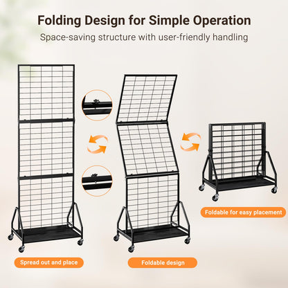 ELYKEN 2 Pack Foldable Grid Wall Panels 5.7' x 2' FT, Movable Wire Gridwall Display Rack with Wheels and Adjustable Foots, Retail Display Stand for Vendor with Storage (Black)