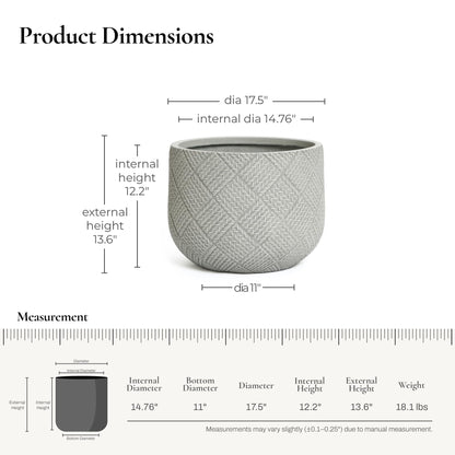 LuxenHome 17.5-Inch Dia Round Concrete Planters, Large Outdoor Indoor Decorative Plant Pots with Drainage Holes and Rubber Plug, Modern Gray Glen Woven Pattern Flower Pot Planter for Home Garden Patio