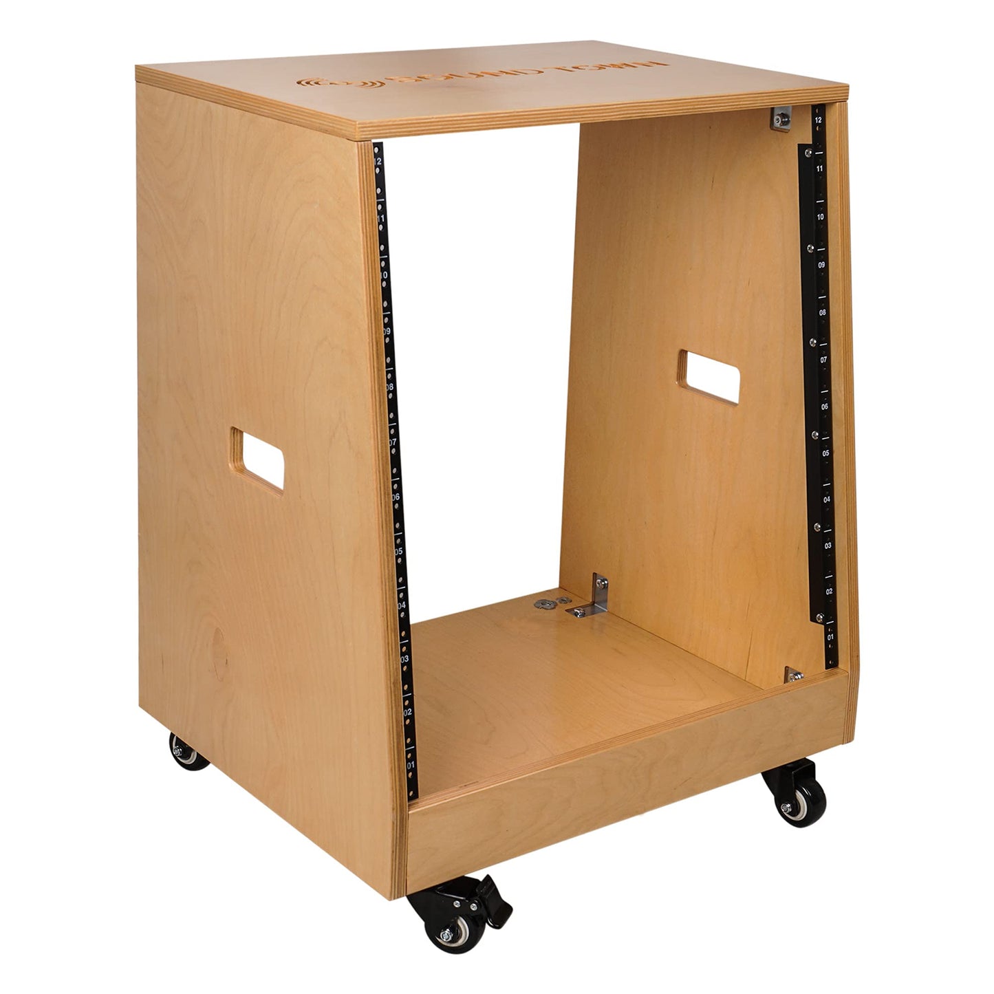Sound Town DIY Solid Baltic Birch Plywood Slanted 12U Studio Rack, Golden Oak, Rubber Feet, Casters (SDRK-12T)