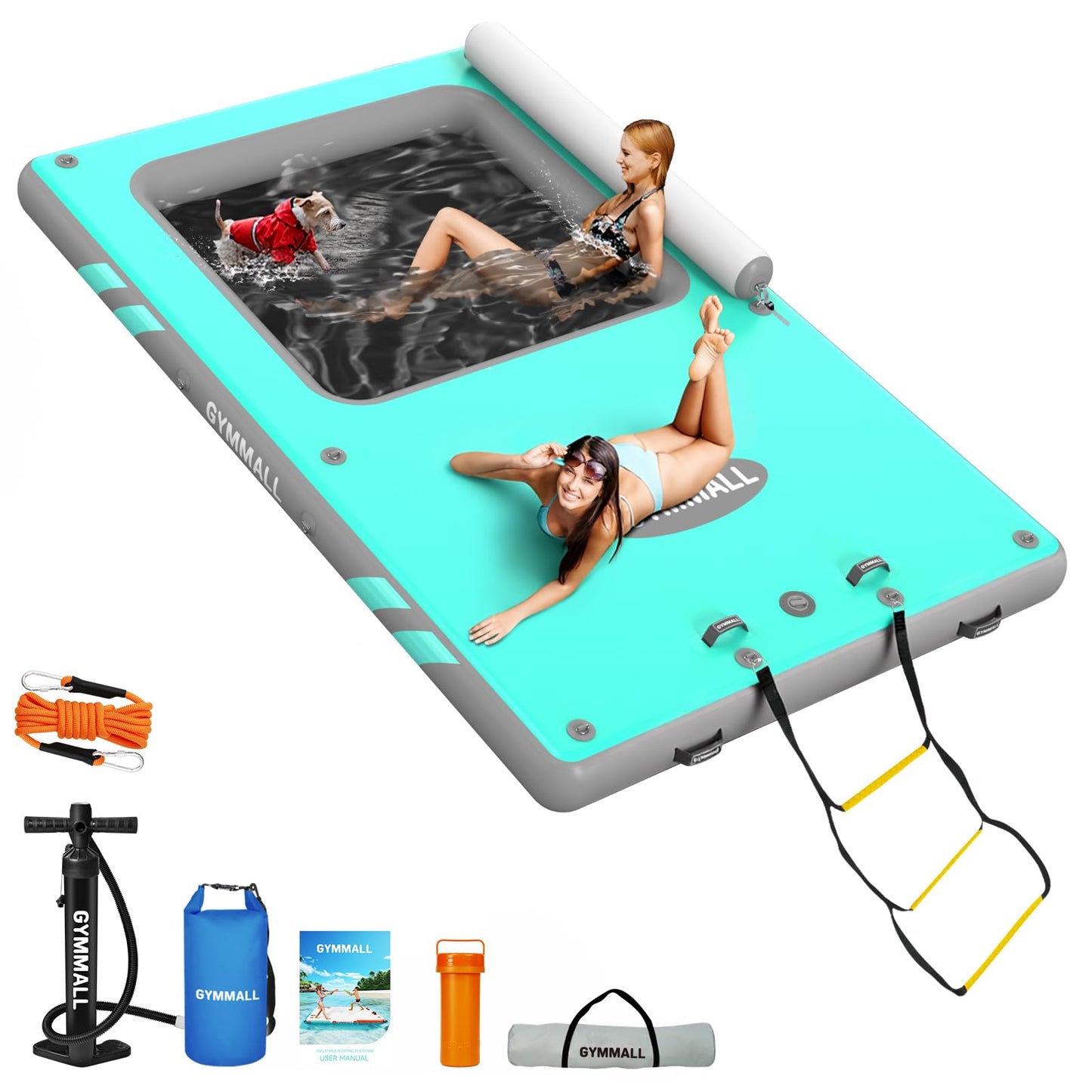 Inflatable Floating Dock, 8x6FT Inflatable Dock Floating Platform with Mesh, Non-Slip EVA Platform and Rope Ladder, Inflatable Water Floating Dock Island Raft for Boats, Pool, Lake, Beach, Ocean-Gray