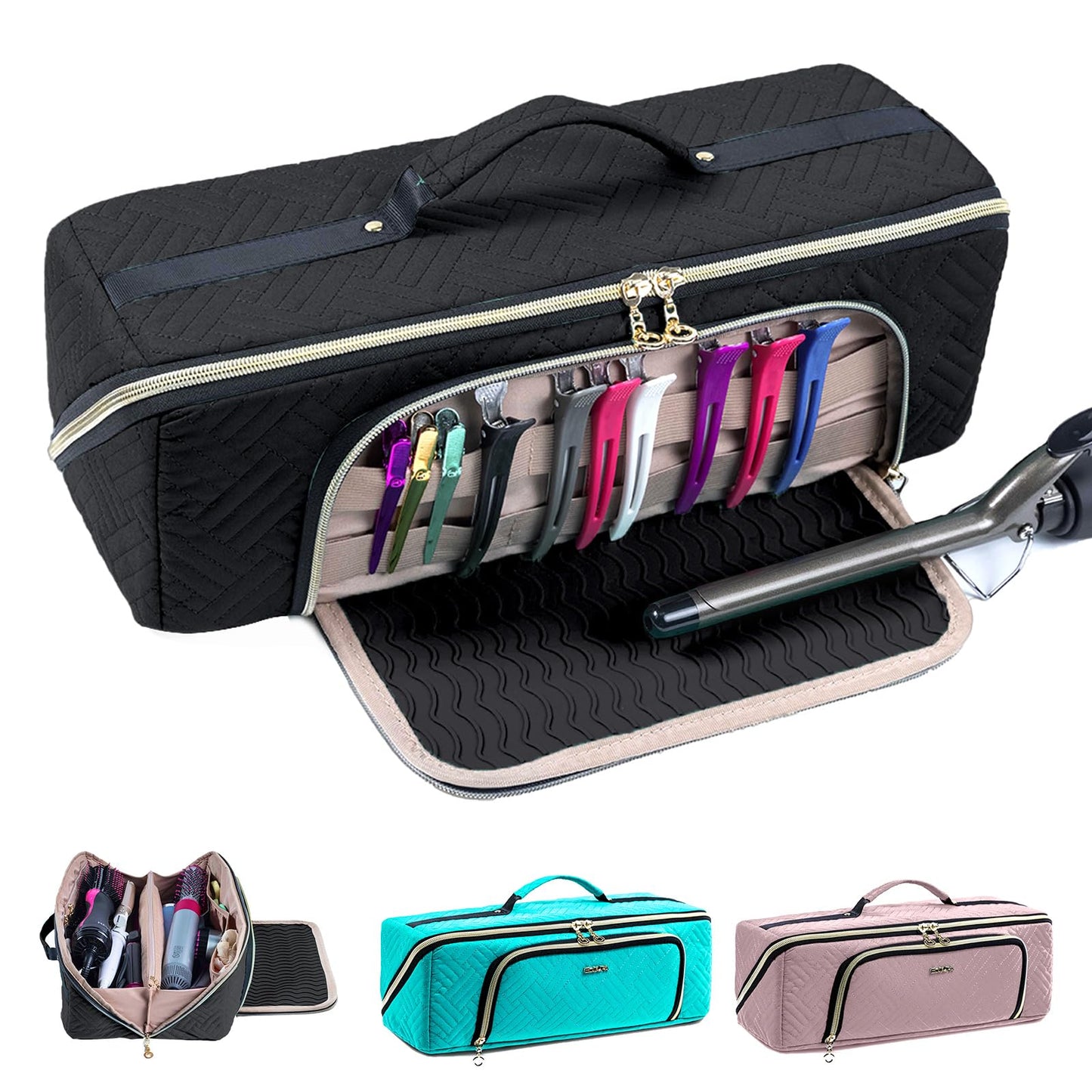 Large Hair Tools Travel Bag with Iron Mat - 2in1 Hair Tools Organizer for Hair Dryer Brush, Flat Irons, Straighteners, Curling Irons, Hair Bag, Makeup Bag, Cosmetic Bag for Travel Essentials