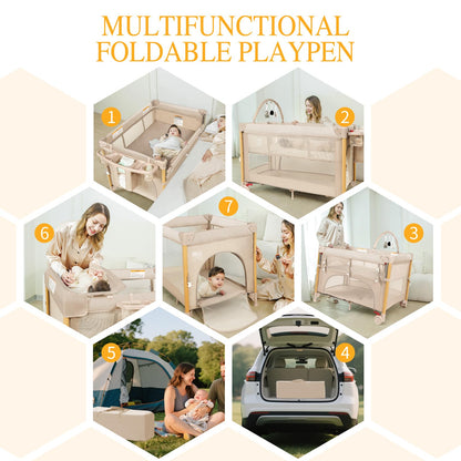Baby Bassinet Bedside Crib for Travel with One-Hand Setup 5-in-1 Foldable Baby Playpen, Portable Pack and Play with Bassinet,Diaper Changer & Adjustable Mattress for Newborn to Toddler (Khaki)